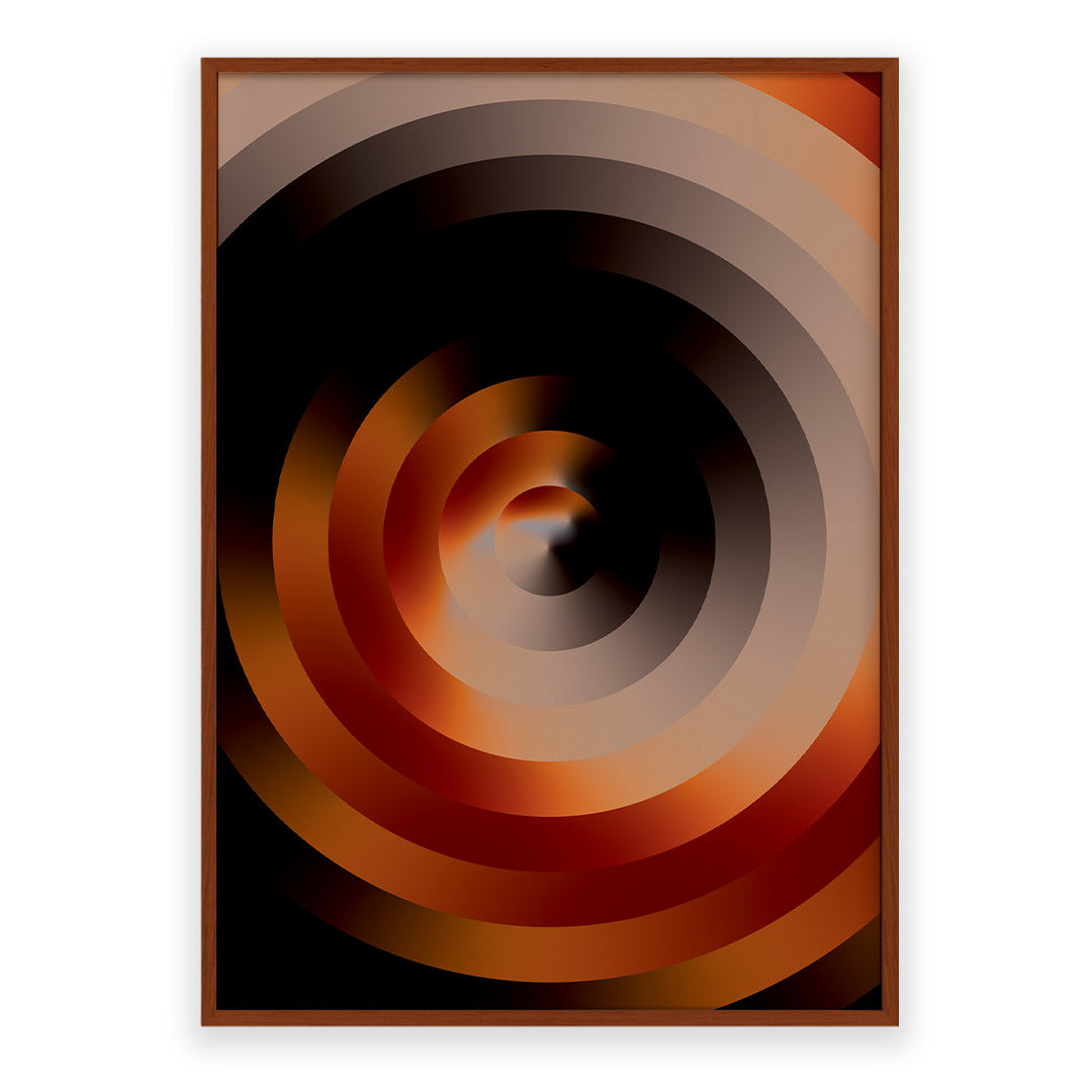Abstract circular artwork with concentric rings in brown and black on a white background
