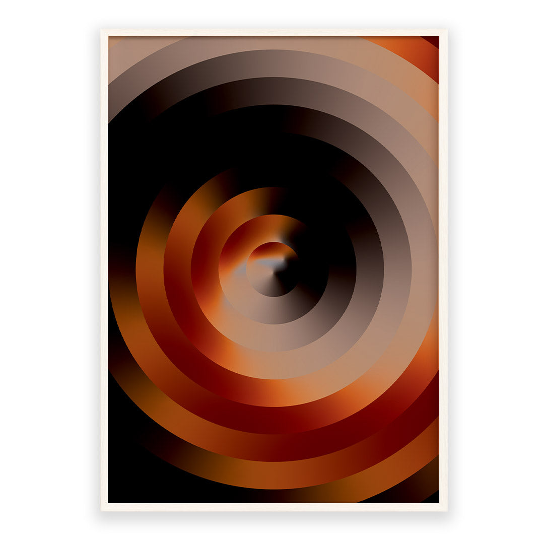 Framed abstract art with concentric circular design in brown and black on a white background