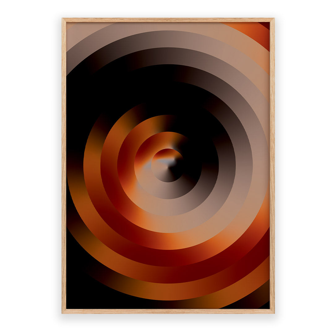 Framed abstract art with concentric circular design in brown and black on a white background