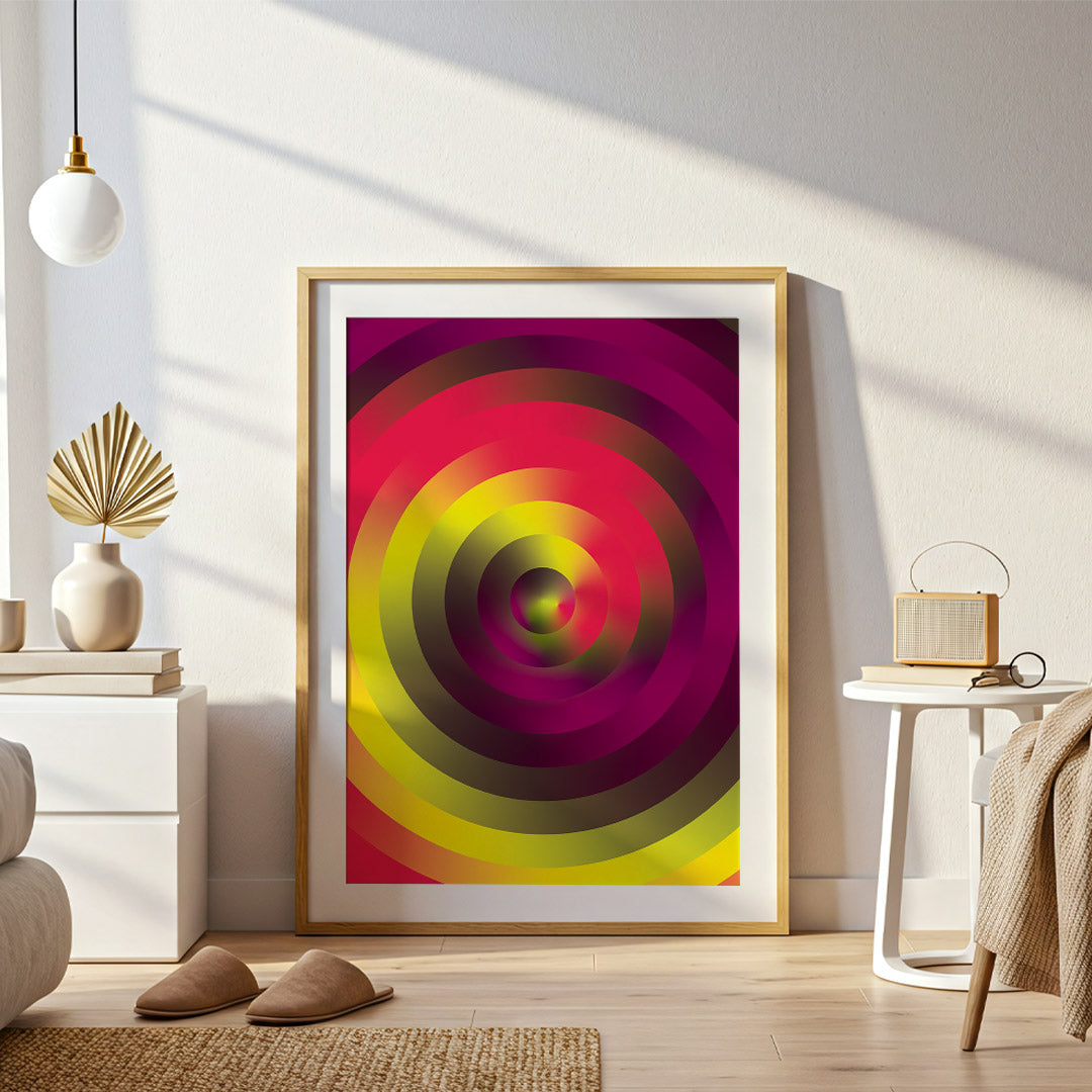 Framed colorful abstract art piece in a modern living room.