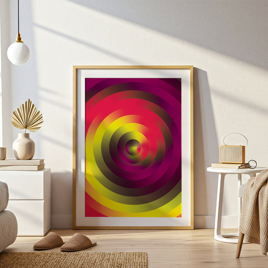 Framed colorful abstract art piece in a modern living room.