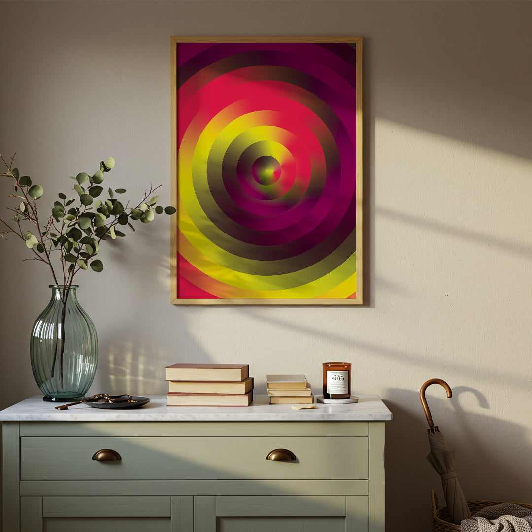 Colorful abstract art on a wall above a dresser with decorative items.