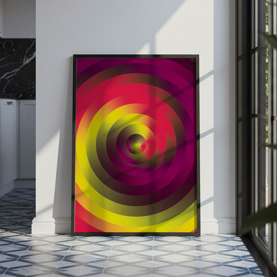 Colorful circular artwork on a wall in a modern interior setting