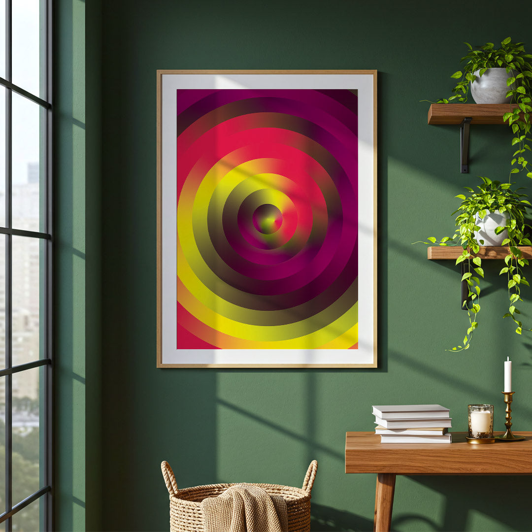 Colorful abstract art piece on a green wall with a wooden shelf and table.