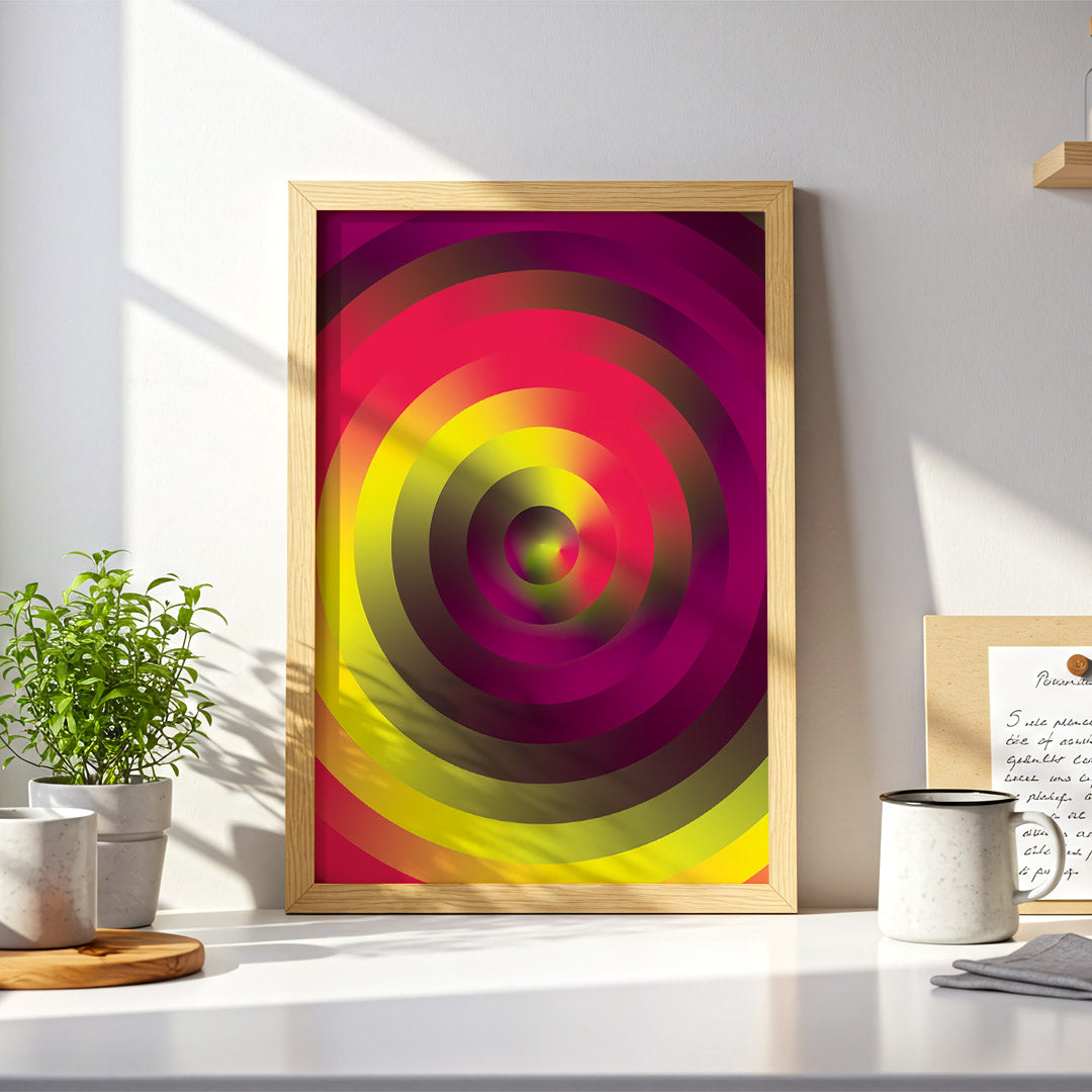 Colorful circular art print in a wooden frame on a white wall with decor items below.