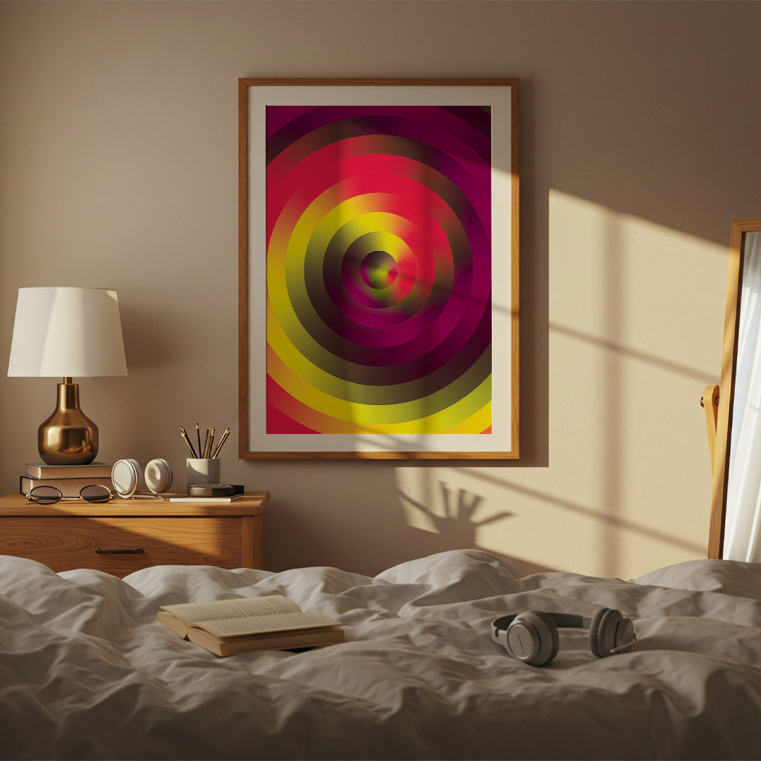 Colorful abstract art on a wall above a bed with a lamp and books.