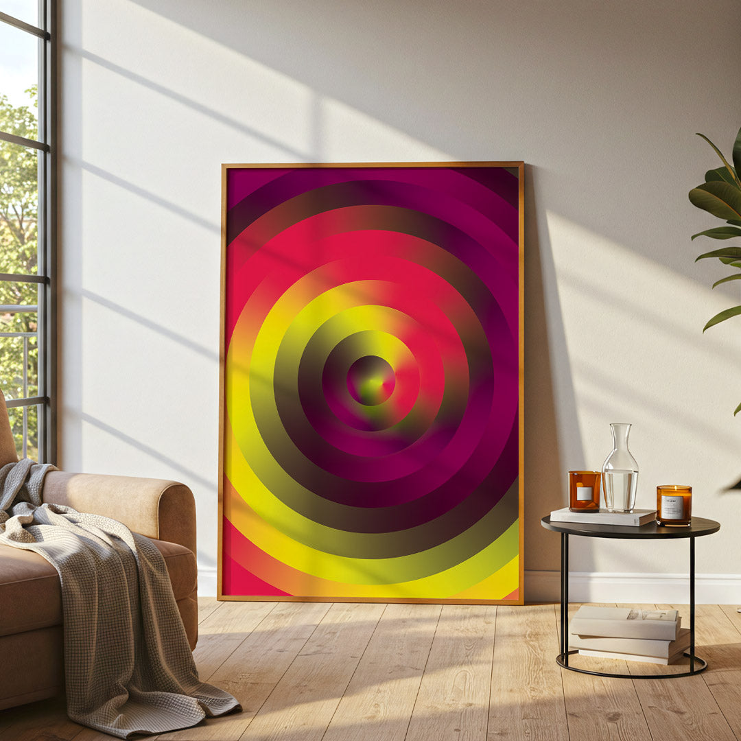 Colorful circular artwork on a wall in a modern living room.