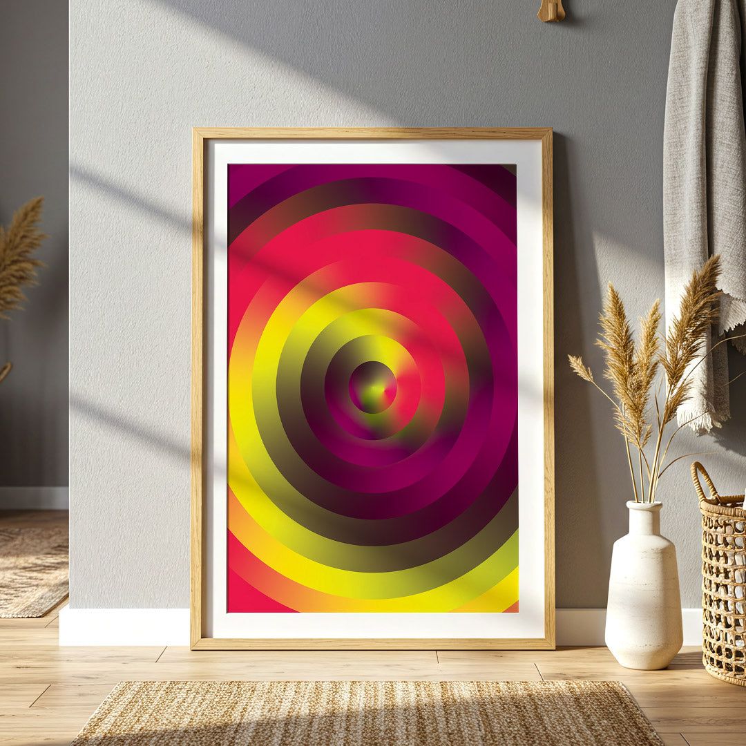 Framed colorful circular artwork on a wall with decorative elements.