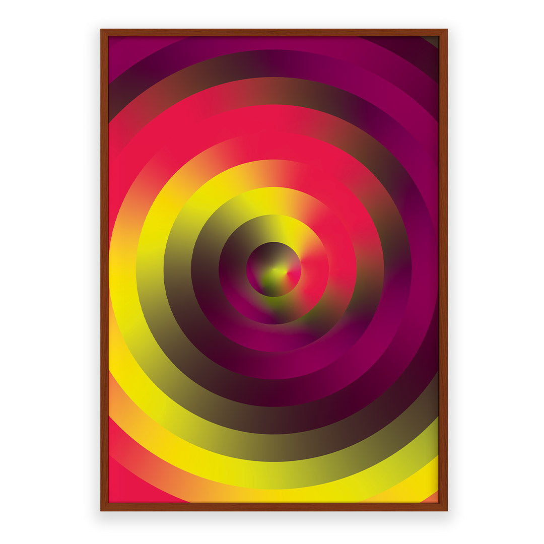 Colorful circular abstract design in a wooden frame on a white background