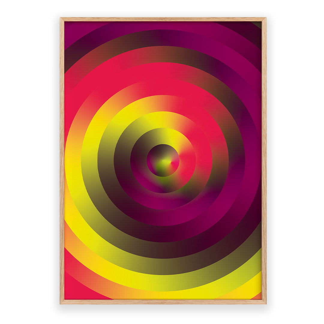 Colorful circular abstract design in a wooden frame on a white background