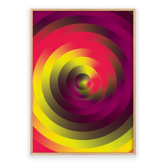 Colorful circular abstract design in a wooden frame on a white background